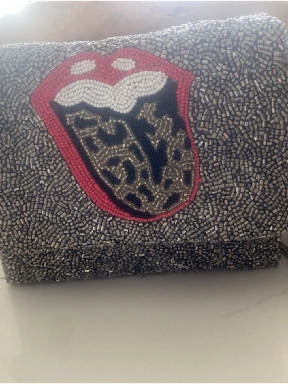Tiana NY -Beaded bag with Leopard Tongue Accent - heavy silver chain